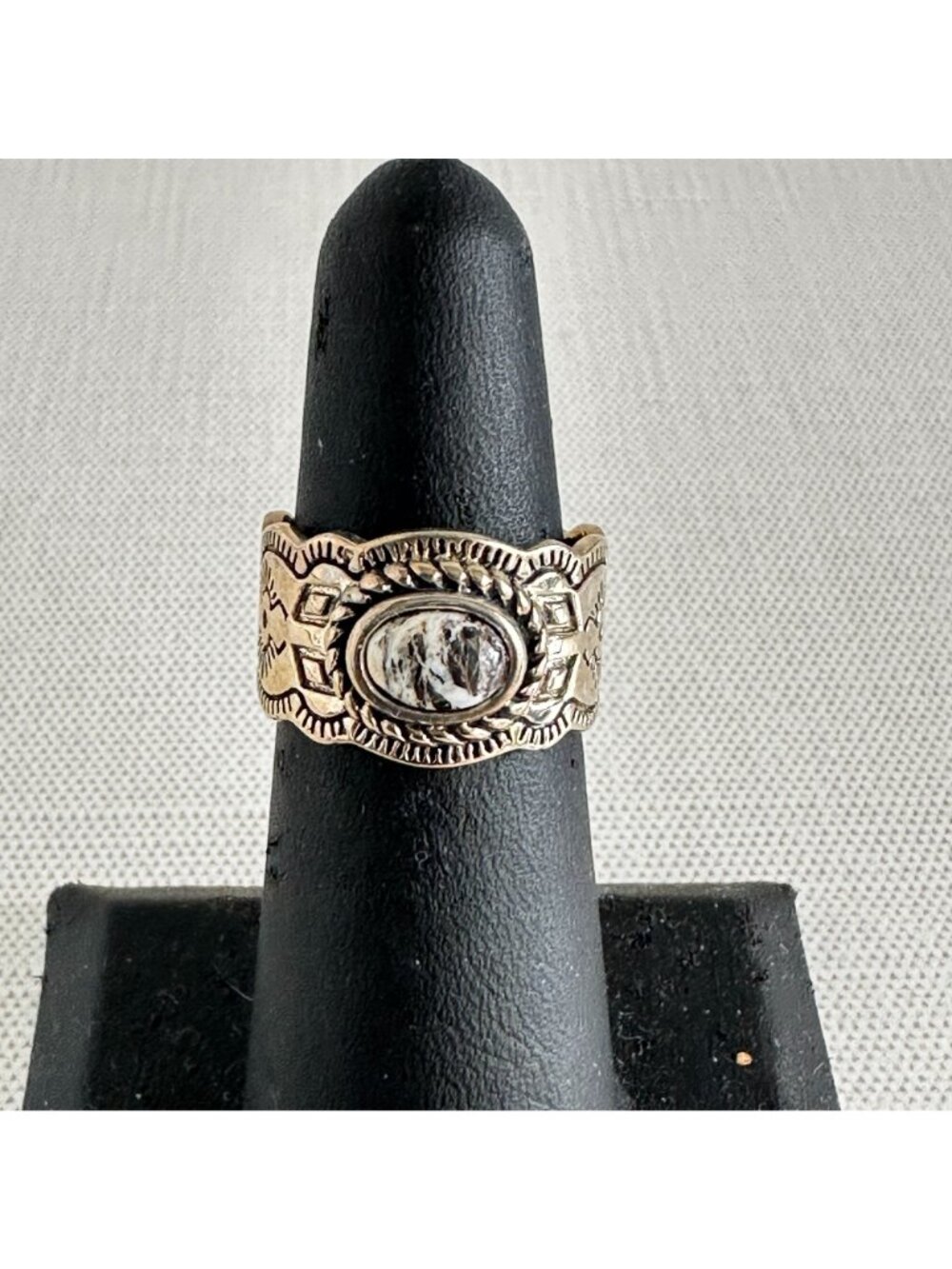 Southwestern Style Sterling Silver White Buffalo Stone Stamped Band Ring - Picture 6 of 6